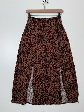American Eagle Outfitters Rust Brown and Black Leopard Print Midi Skirt